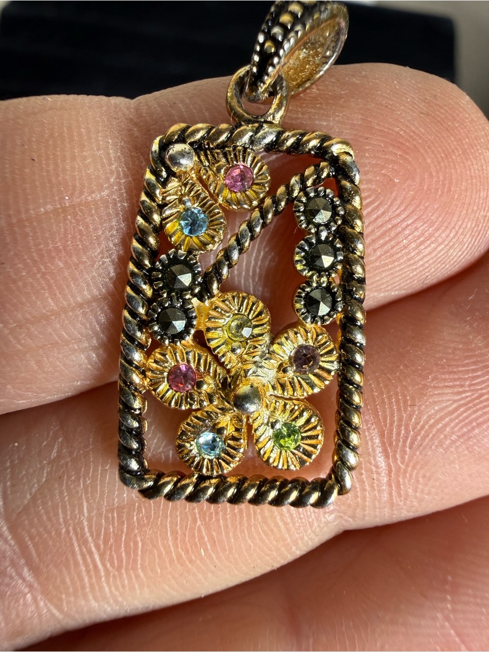 925 Silver, Gold Tone Floral Pendant Necklace with Multicolor Crystals